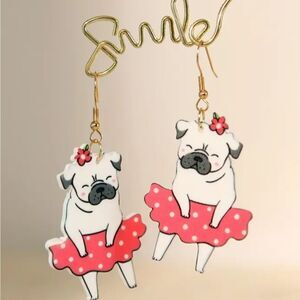 14k Pug Dog in tu tu summer whimsical novelty fun dangle earrings